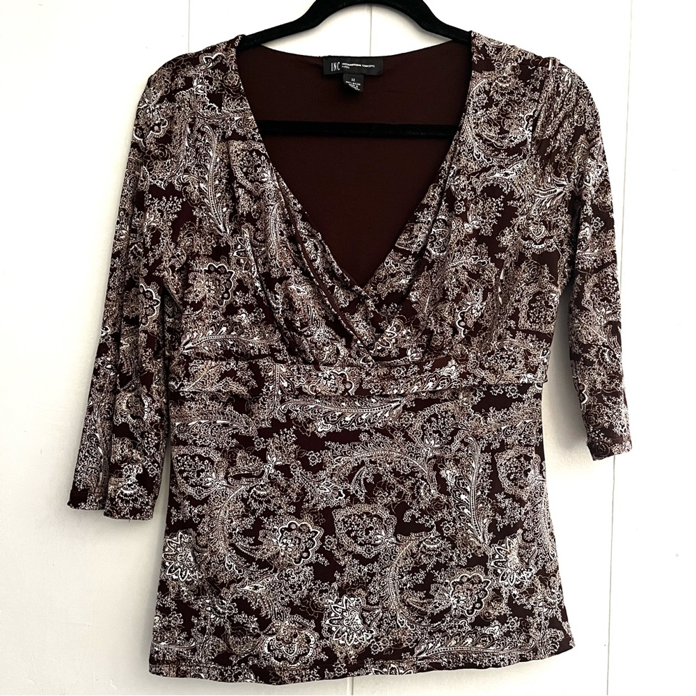 INC International Concepts Brown Paisley Y2K Faux Wrap Babydoll Top 3/4 Sleeve M